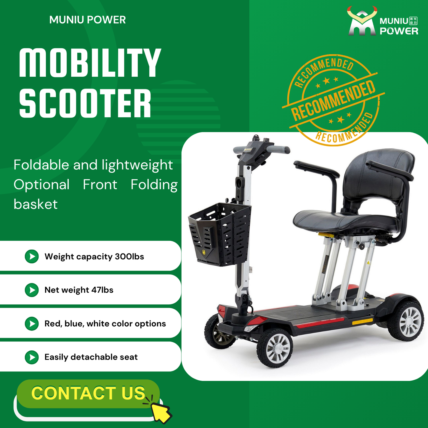 MN-TS01 4 Wheel Folding Handicapped Electric Senior Mobility Scooter