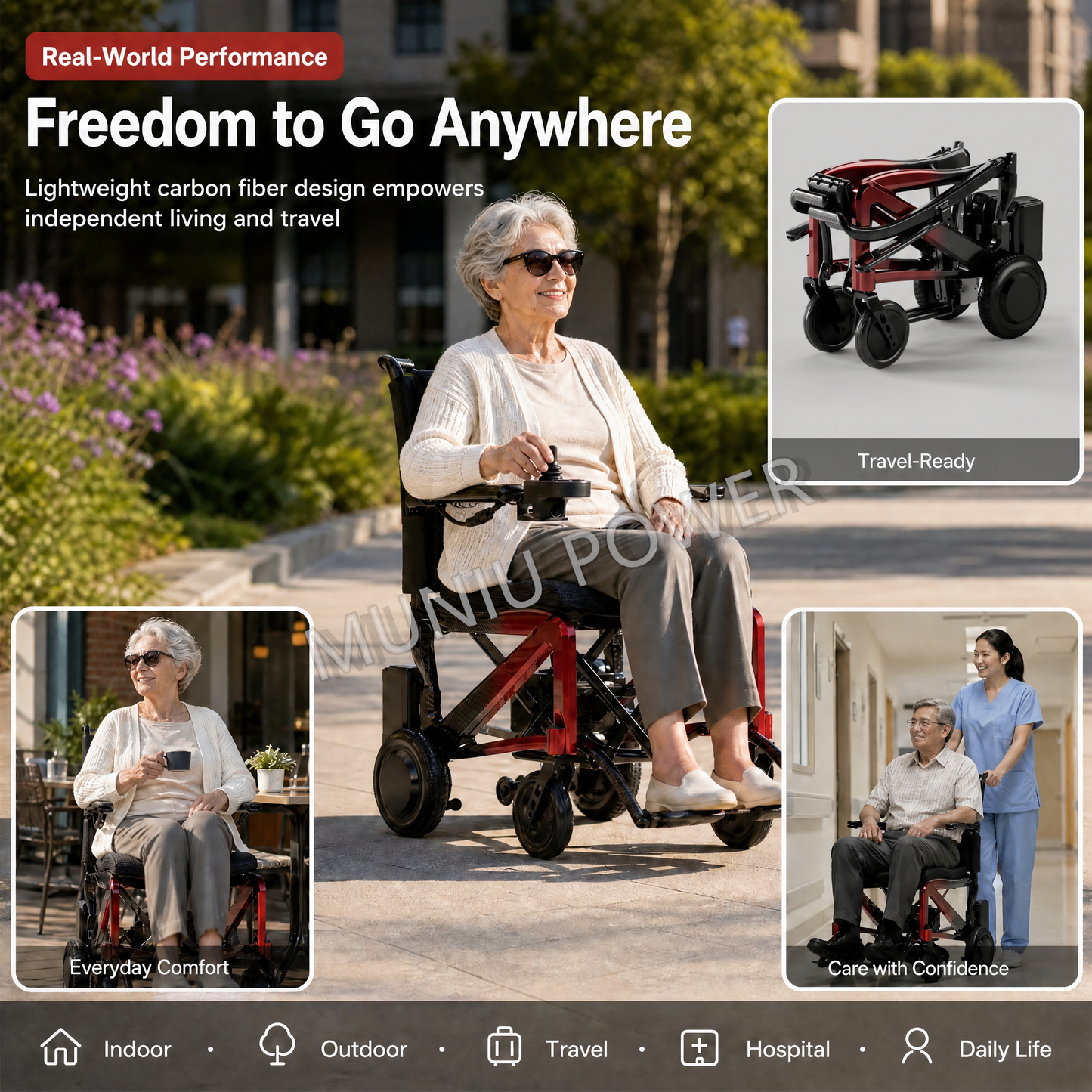 MND08T MUNIU Lightweight Carbon Fiber Electric Wheelchair Foldable Portable Power Wheelchair for Adults Travel Use